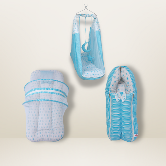 Bundle 3 | Sky Blue | GB Cocoon Bed Cradle,GB Comfy Net Bed and GB Swaddle Bed