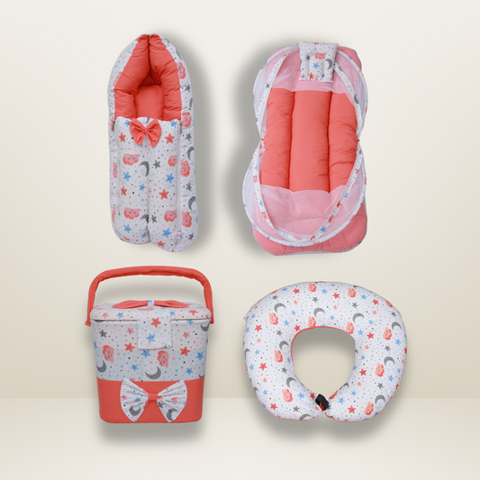 Bundle 4 | Red | GB Swaddle Bed,GB Comfy Net Bed,GB Baby Organizer and GB Feeding Cushion