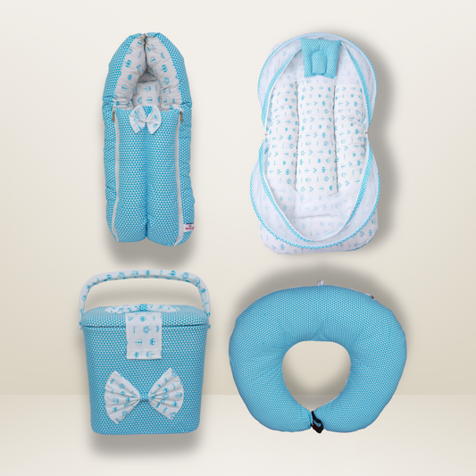 Bundle 4 | Sky Blue | GB Swaddle Bed,GB Comfy Net Bed,GB Baby Organizer and GB Feeding Cushion
