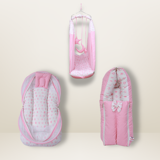 Bundle 3 | Pink | GB Cocoon Bed Cradle,GB Comfy Net Bed and GB Swaddle Bed