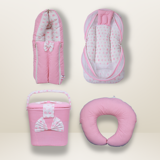 Bundle 4 | Pink | GB Swaddle Bed,GB Comfy Net Bed,GB Baby Organizer and GB Feeding Cushion