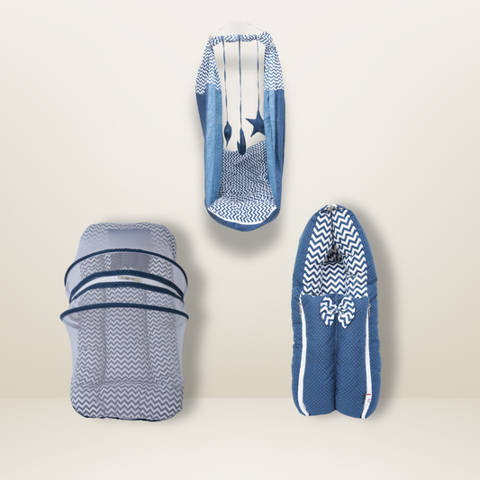 Bundle 3 | Blue | GB Cocoon Bed Cradle,GB Comfy Net Bed and GB Swaddle Bed