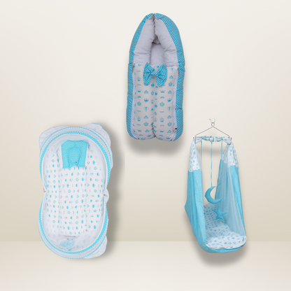 Bundle 3 Luxe | Sky Blue | GB Swaddle Bed Luxe,GB Dreamy Net Bed and GB Cocoon Bed Cradle