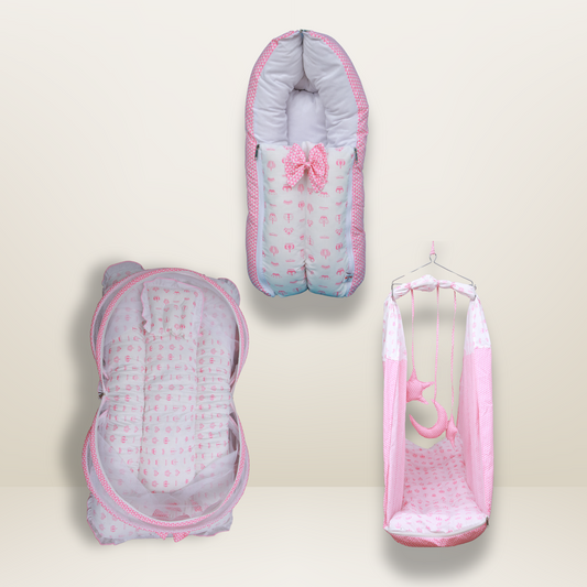 Bundle 3 Luxe | Pink | GB Swaddle Bed Luxe,GB Dreamy Net Bed and GB Cocoon Bed Cradle