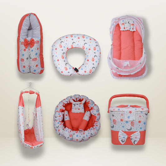 Bundle 6 | Red | GB Swaddle Bed Luxe,GB Feeding Cushion,GB Dreamy Net Bed,GB Cocoon Bed Cradle,GB Pose Nest Bed and GB Baby Organizer