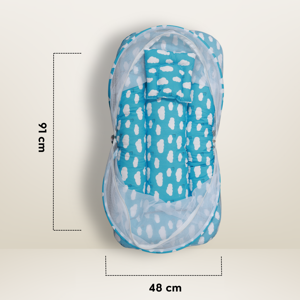 GB Comfy Net  Bed | (0-6 Month) | White and Sky Blue